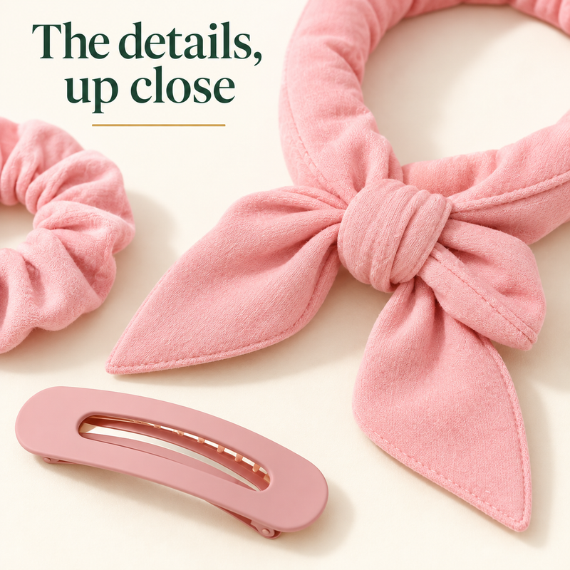Pink fabric ties and flat hair clip detail