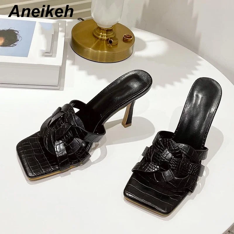 Aneikeh 2021 NEW Summer Women's Shoes Fashion Classics Sweet Narrow Band PU Solid Stiletto Heels Slippers Retro Zapatos De Mujer