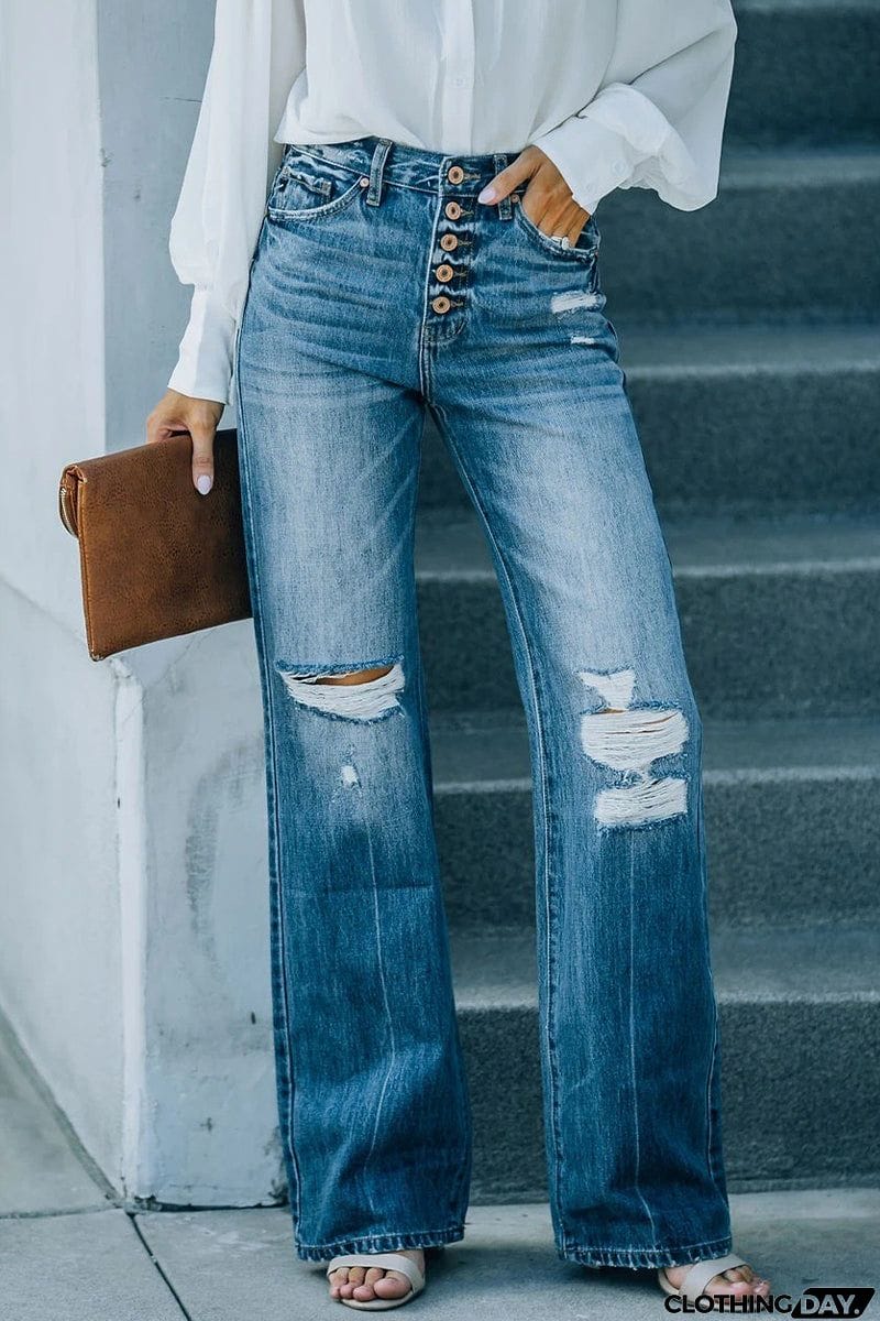 Casual Street Solid Ripped Buckle High Waist Straight Denim Jeans