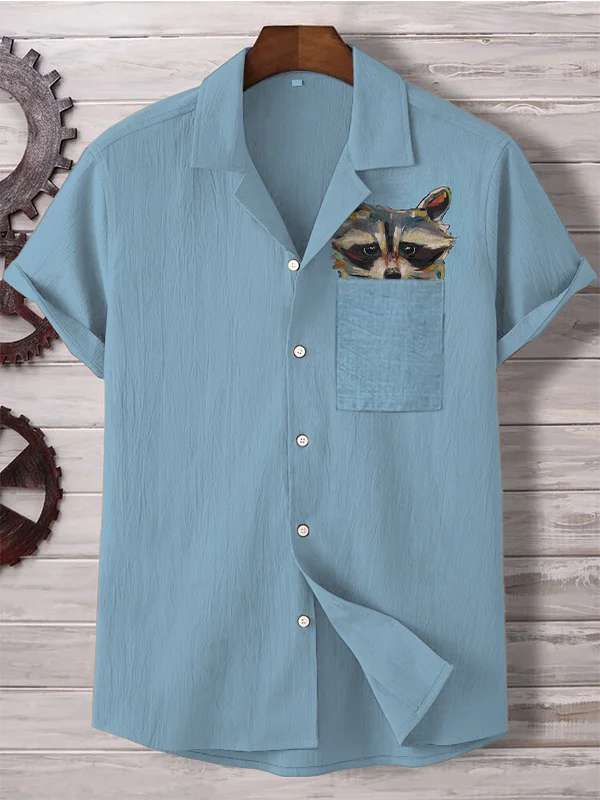 Men's Hiding Raccoon Oil Painting Art Print Linen Blend Shirt