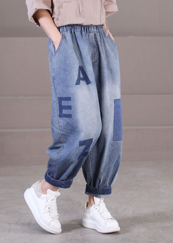 VCSHOES Loose Blue Elastic Waist Pockets Letter Print Cotton Denim Harem Pants Summer