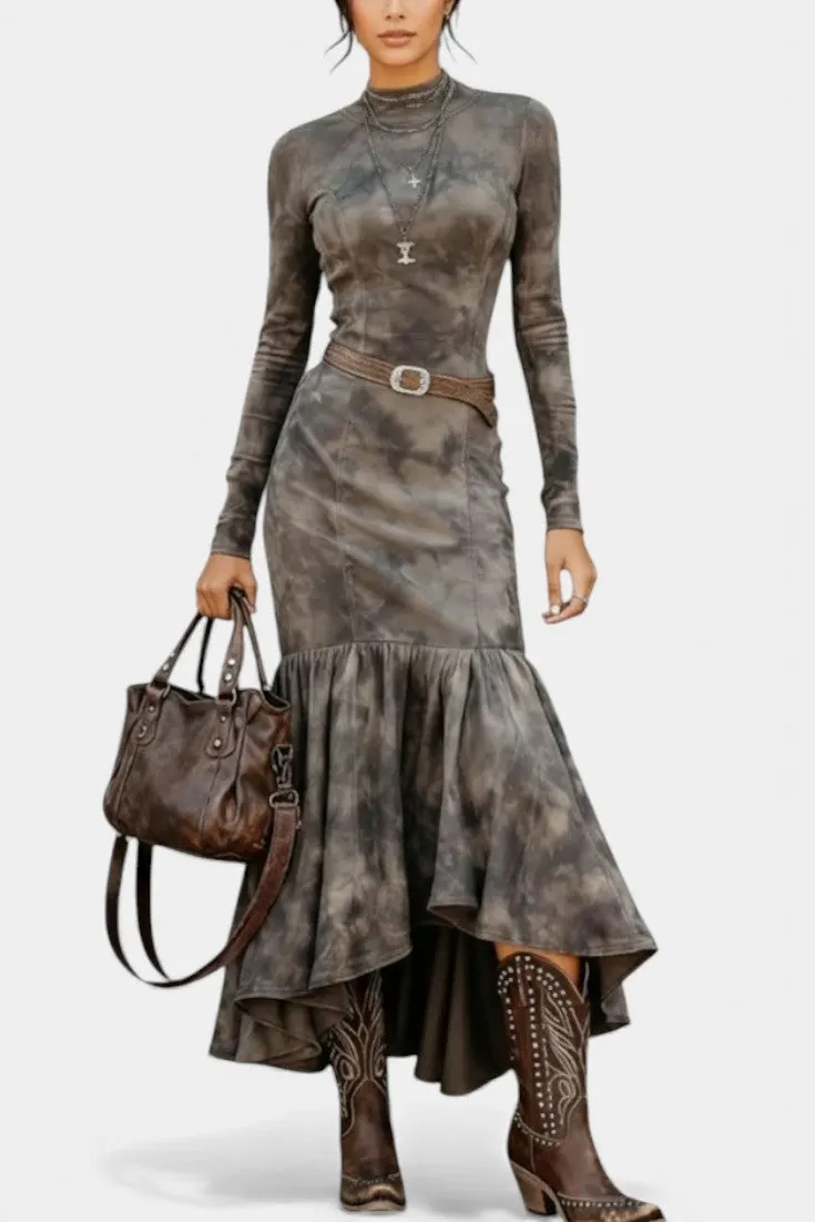 Tie-Dye Long-Sleeve Midi Dress with Ruffled Hem