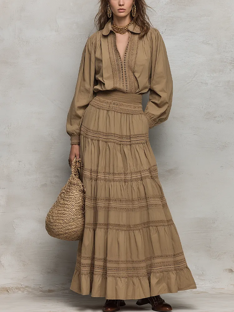 Graceful Khaki Lace Trim Skirt Set