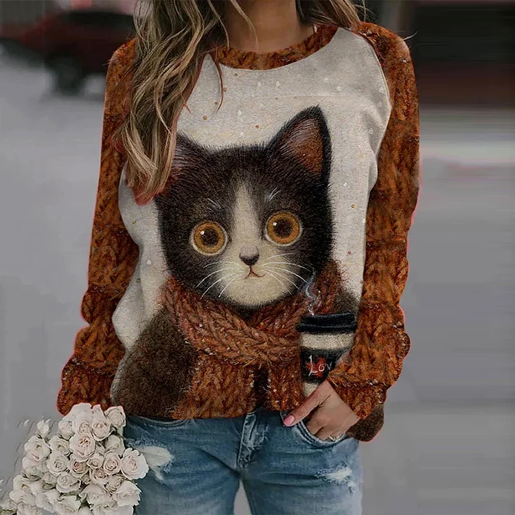 Women's Coffee And Cat Print Casual Sweatshirt