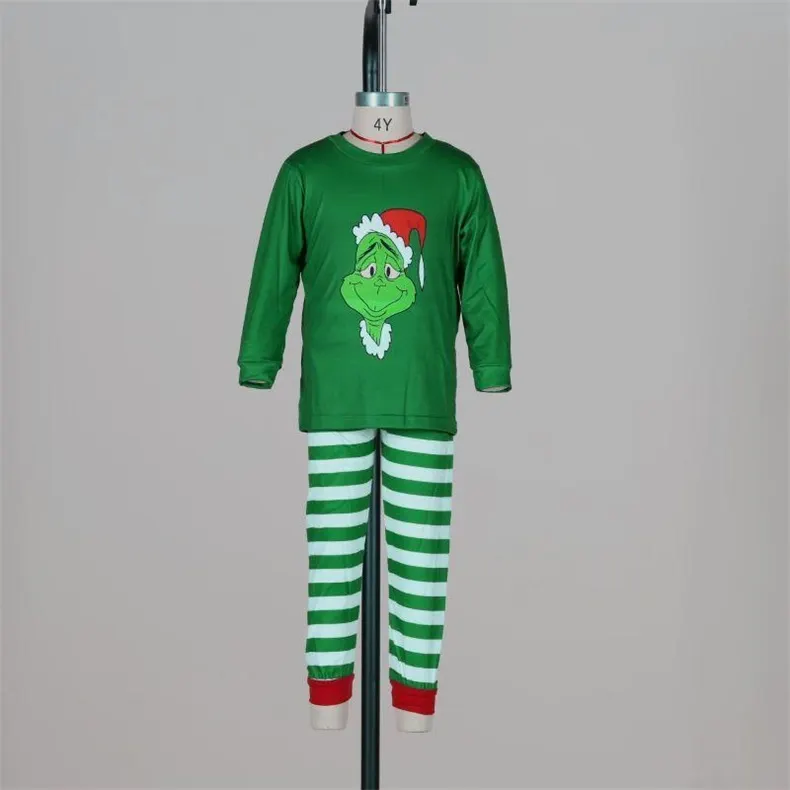 Christmas round neck green striped print baby pajamas set