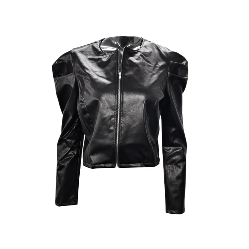 Xingqing Black Jacket Women’s Pleated Long-sleeved Leather Coat Fashion Solid Color Zipper Open Round Neck Jacket Streetwear