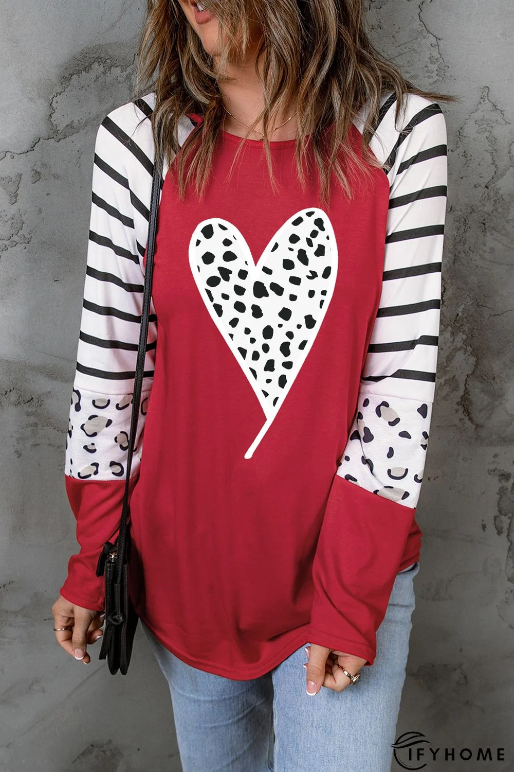 Red Valentines Leopard Heart Print Color Block Long Sleeve Top | IFYHOME