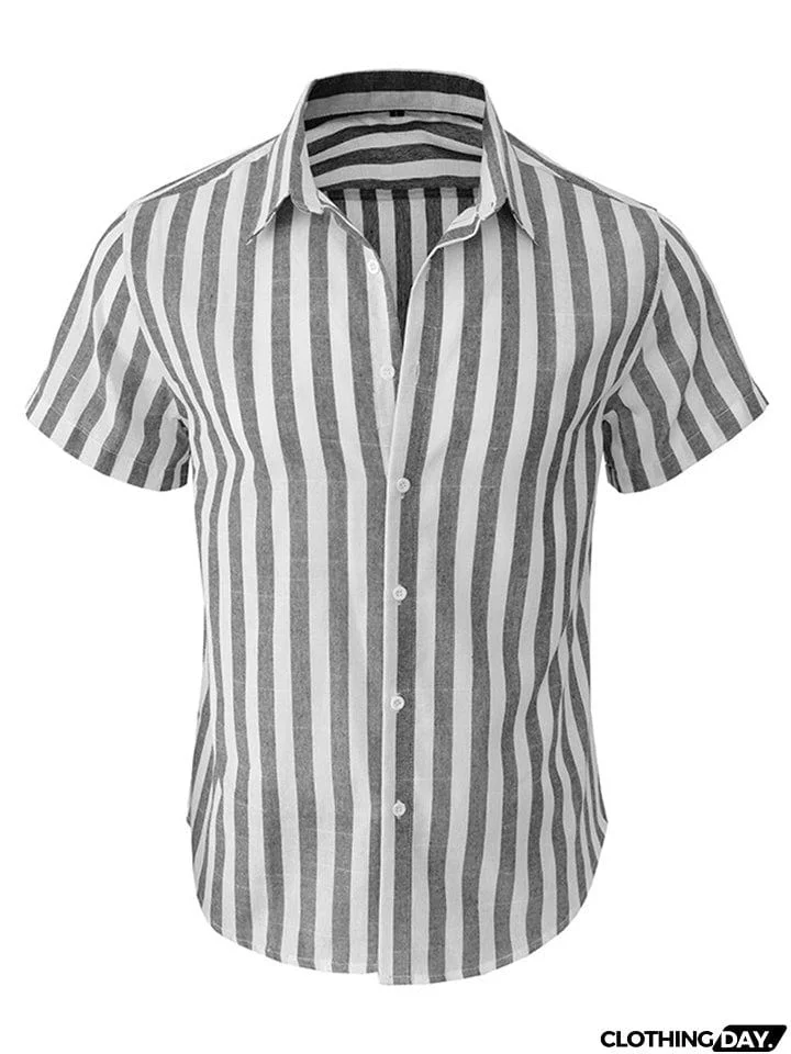 Men's Summer Classic Stripe Lapel Short Sleeve Button Beach Shirts