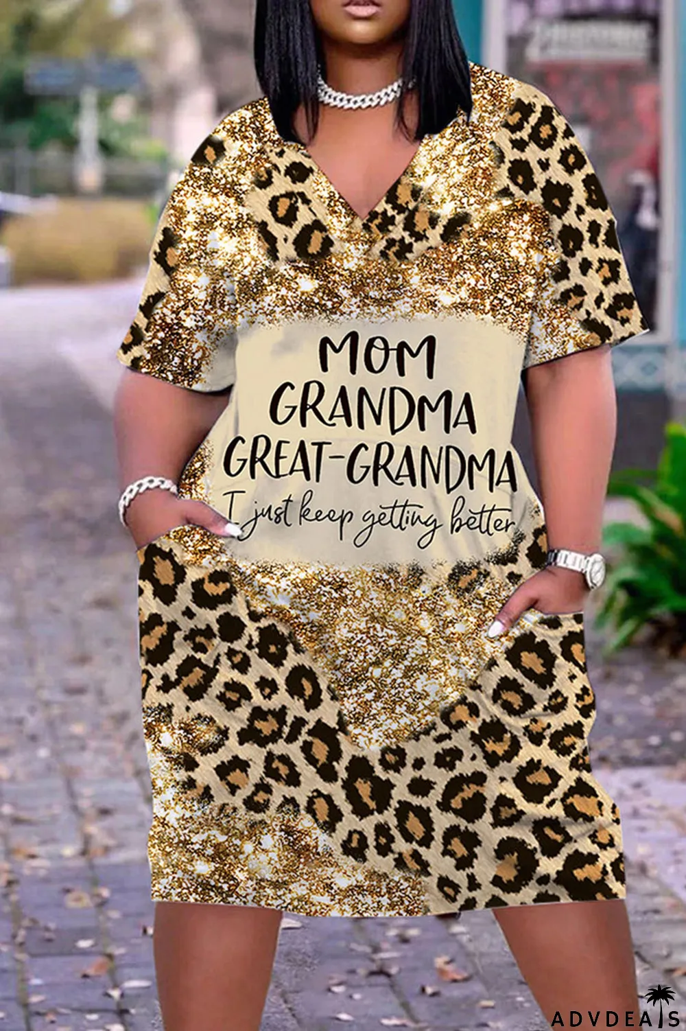 Light Brown Casual Work Print Patchwork V Neck Straight Dresses