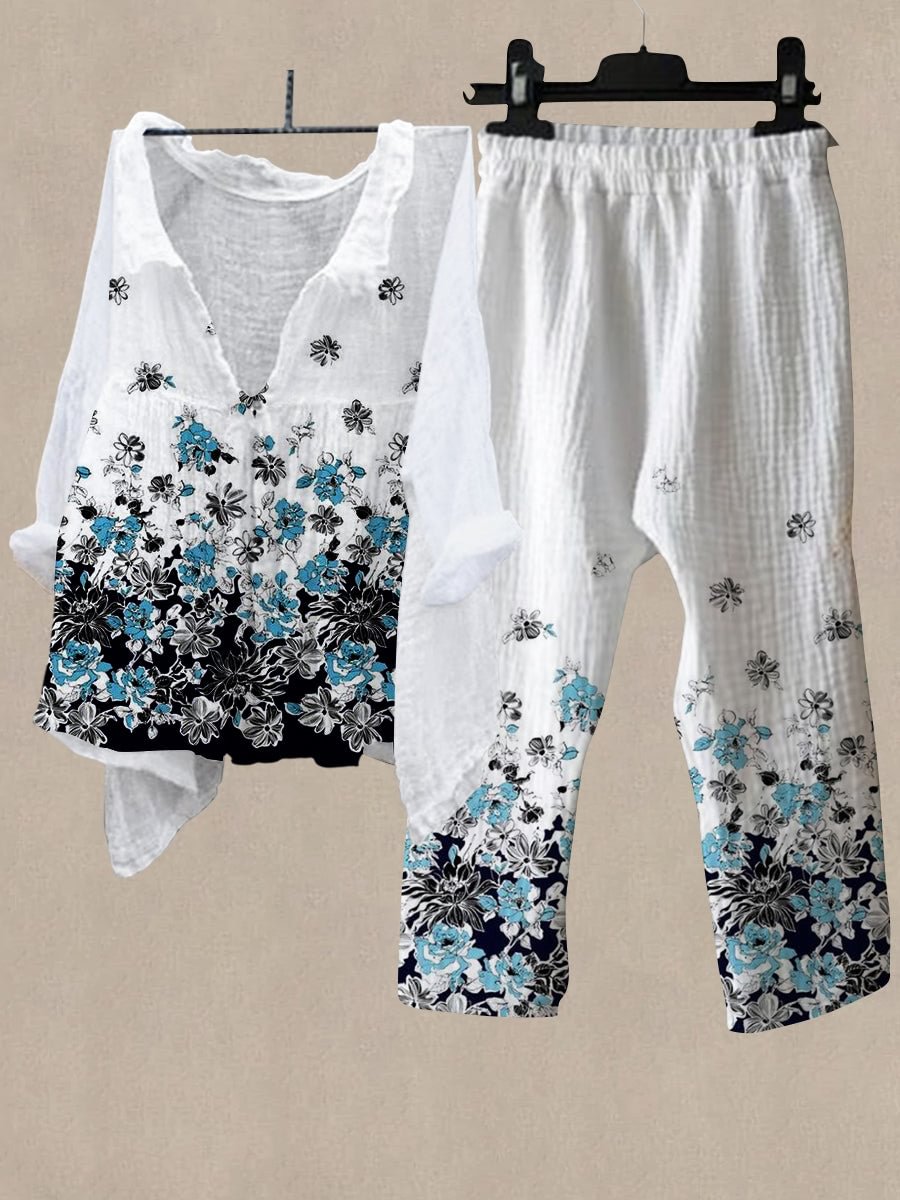 Women's Floral Print Shirt Collar Top And Casual Pants Linen Two Pieces