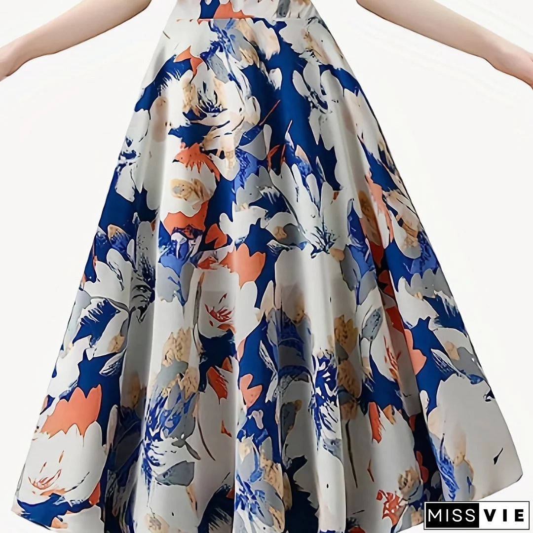 Plus Size Elegant Skirt, Women's Plus Floral Print Elastic High Rise Swing A-line Maxi Skirt