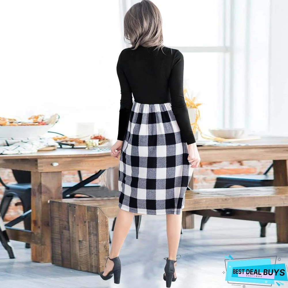 Leopard Stitched Long Sleeve Dress New Knitted Skirt In Autumn and Winter Black Dresses