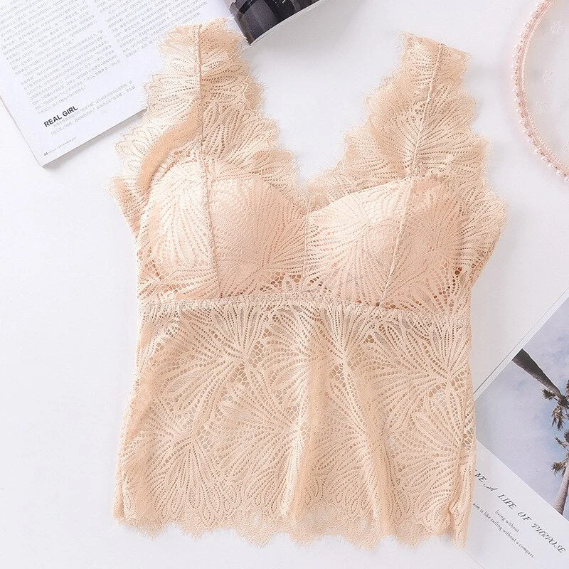 Sexy Crop Top Lace Wireless Lingerie Vest Women Ladies V-Neck Tank Top Beauty Back Hollow Lace Tee Camisole Feminino Cami