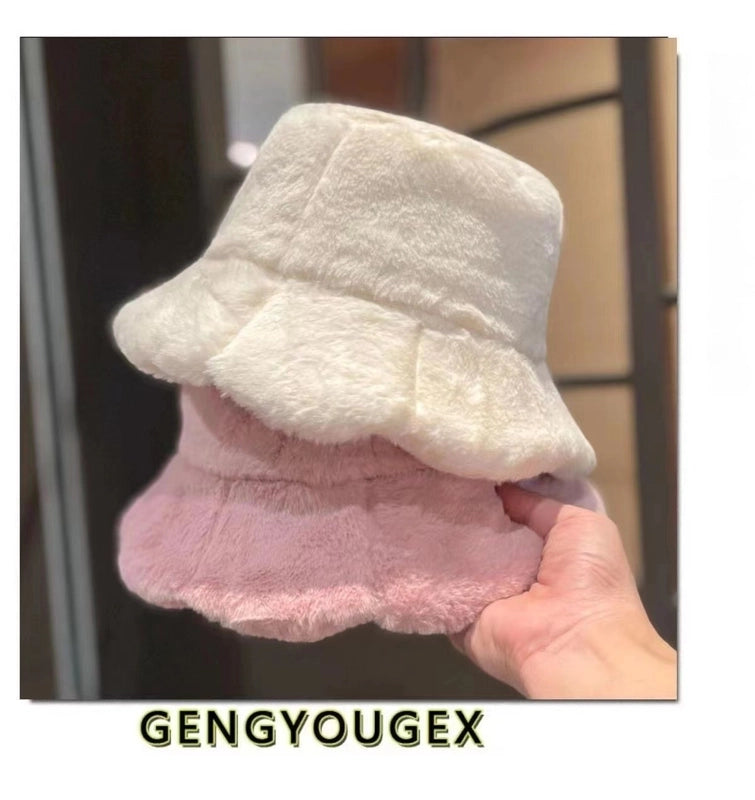 New Autumn And Winter Fleece-lined Imitation Rabbit Fur Fisherman Hat Girl Sweet Cute Warm Cold-proof Hat Lotus