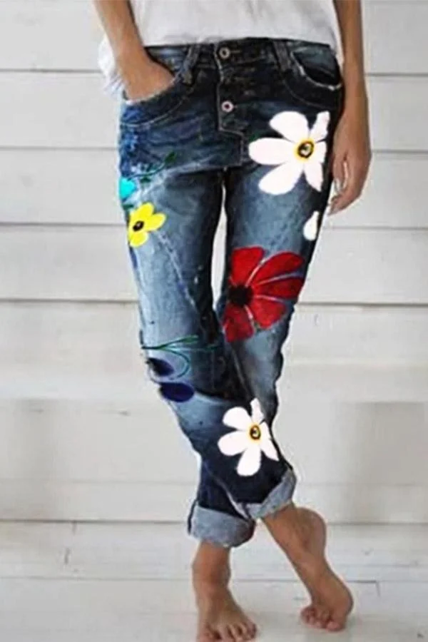 Flower Printed Slim Fit Jeans