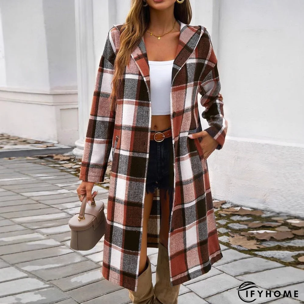 Women's Fashion Plaid Hooded Long-sleeved Woolen Coats | IFYHOME