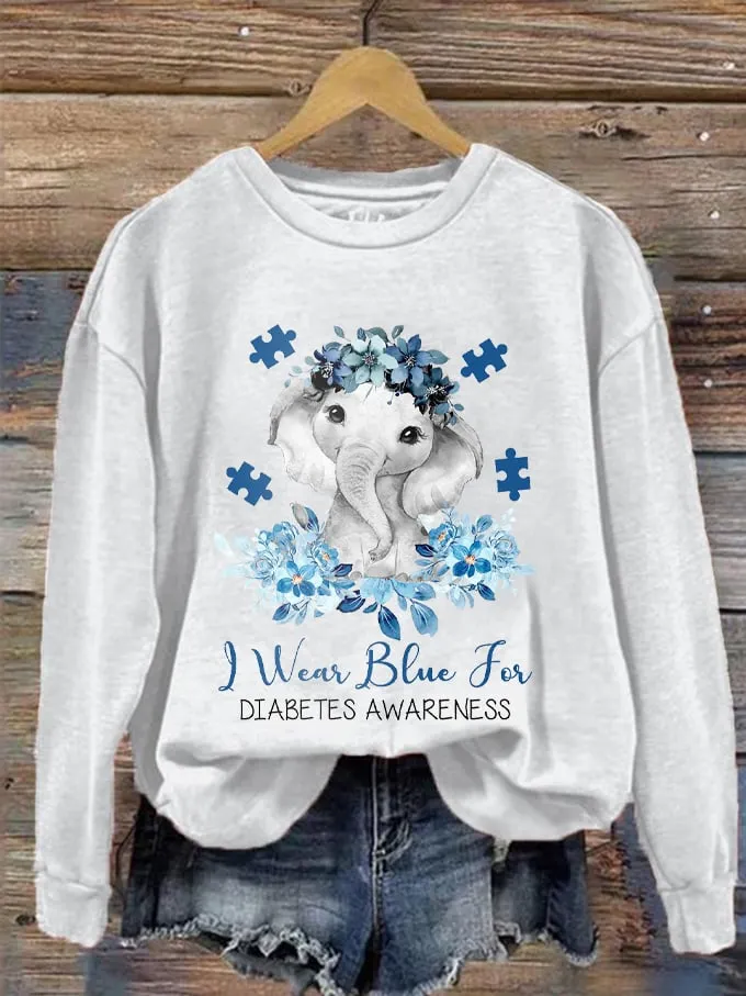 Women's I Wear Blue For Diabetes Awareness Elephant Flower Tree Print Sweatshirt