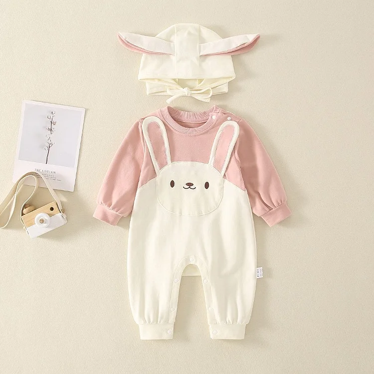 2pcs Baby Boy/Girl Rabbit Print 3D Ear Solid Color Splicing Romper with Hat Set