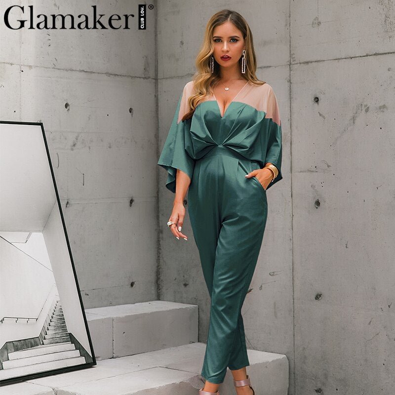 Glamaker Sexy patchwork pleated long jumpsuit summer Women batwing sleeve red jumpsuit romper Female v neck playsuit overalls