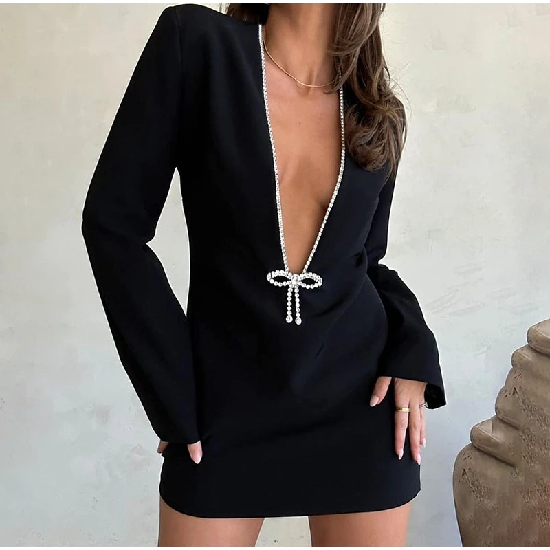 Ootddress Glitter V-Neck Fashion Dress For Women Slim Long Sleeve Patchwork Elegant Club Night Dress Clothes Women's Mini Dress New