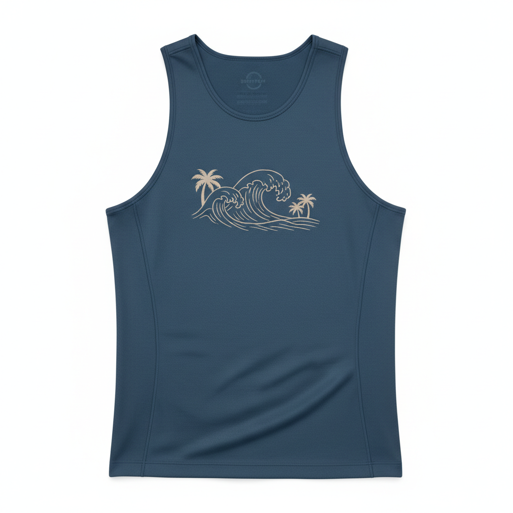 thesupersurf Blue Tank Top with Wave and Palm Tree Design 