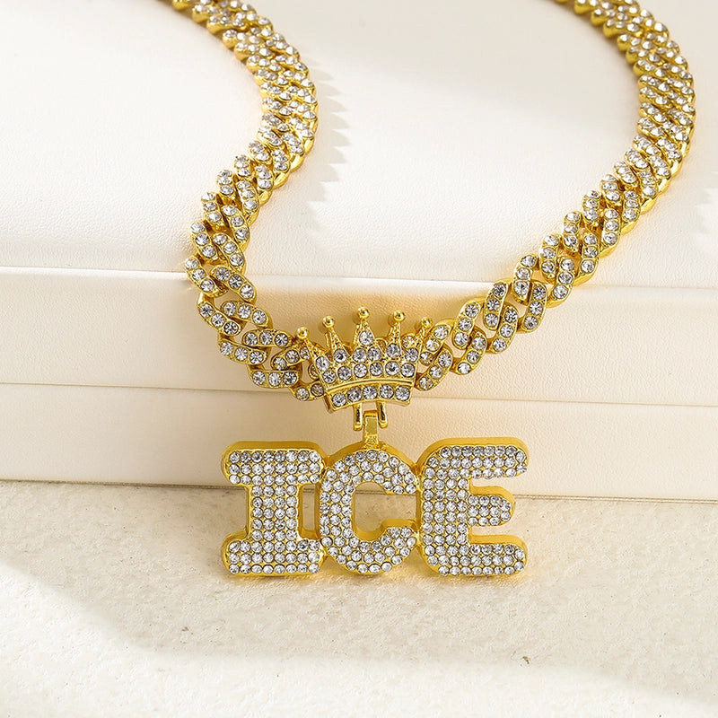 1PC New Arrival Gold Jewelry Man Silver Plated Color Letter ICE Charm Necklace Bling Bling Hip Hop Crown Design Jewelry With Cuban LInk Chain
