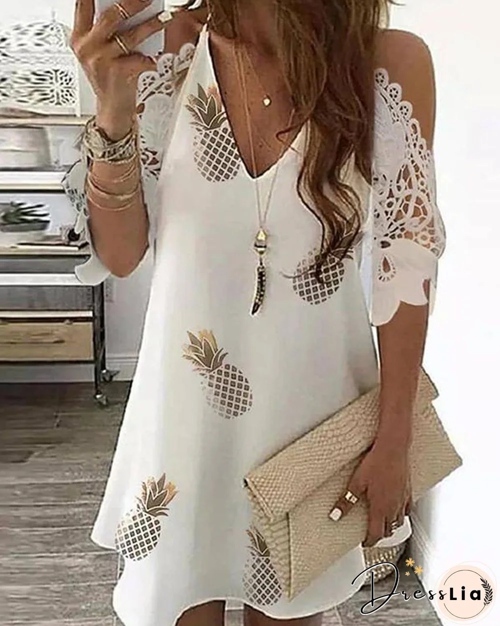 Cold Shoulder Crochet Lace Printed Hollow Out Casual Dress