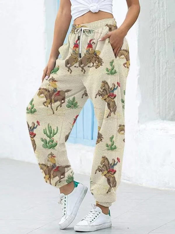 Women's Western Cowboys and Cactus Printed Elastic Casual Pants