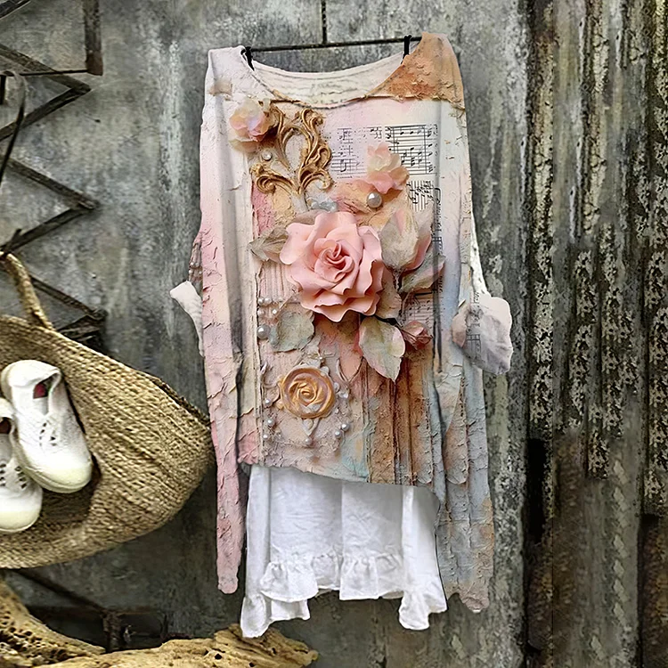 Women's Vitange Note And Floral Art Round Neck Shirt
