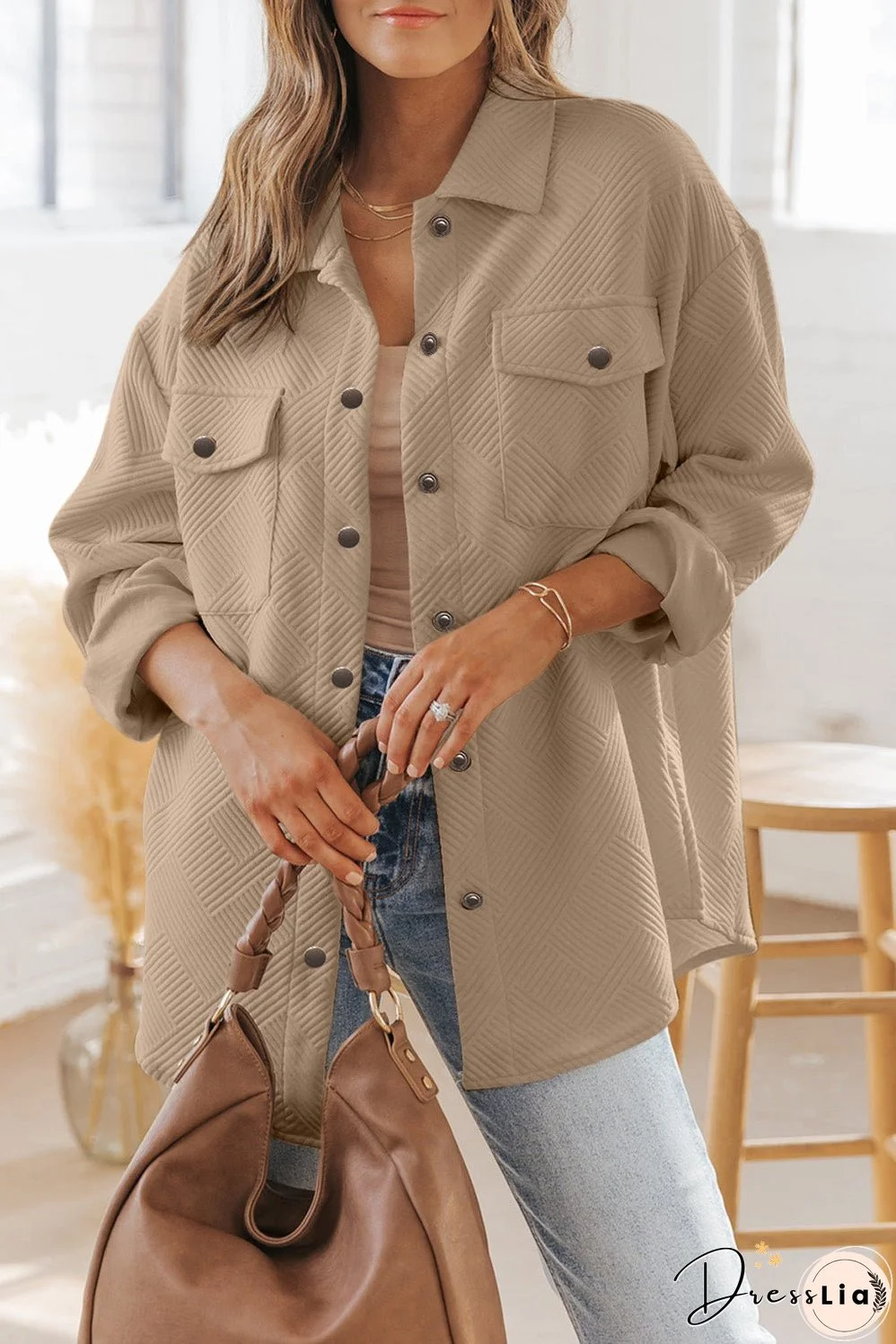 Khaki Solid Textured Flap Pocket Buttoned Shacket