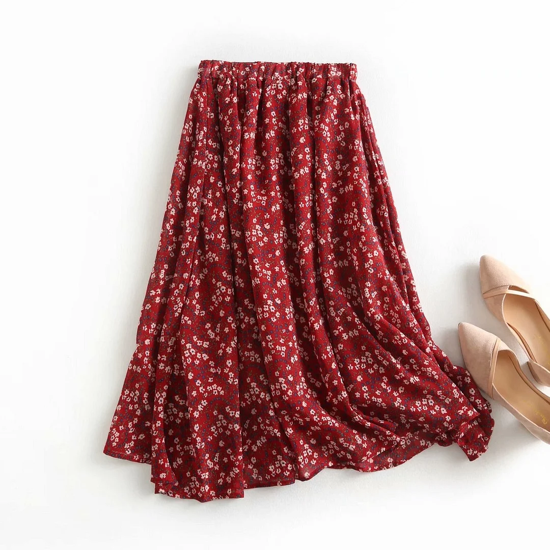 Red Floral Printing Midi skirts High Waist A-line Skirts Womens Elastic Waist Faldas Korean Streetwear