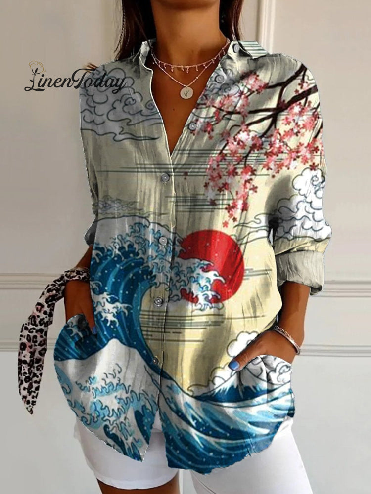 Japanese Ukiyo-E Style Sea Wave Art Printed Women’s Casual Cotton Shirt Multicolor / S