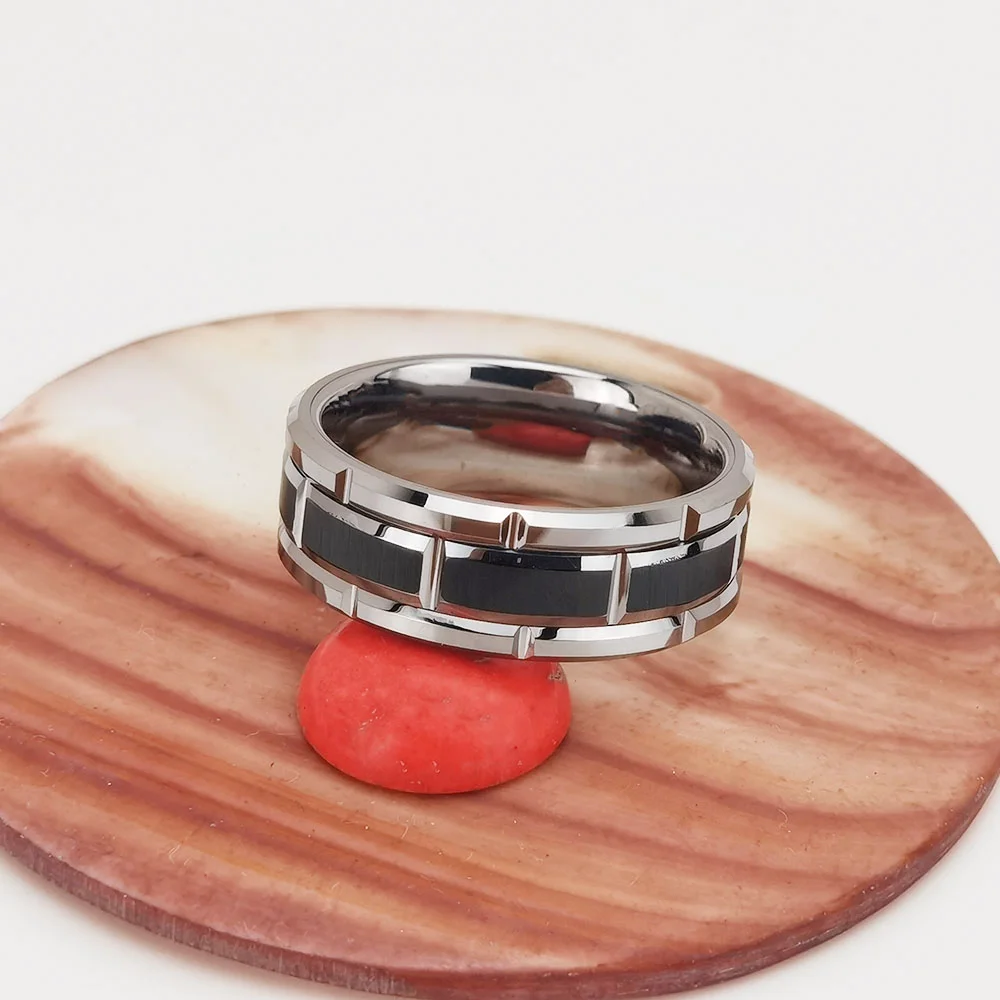 8MM Sliver Tungsten Irregular Groove Simple Black Bands For Mens