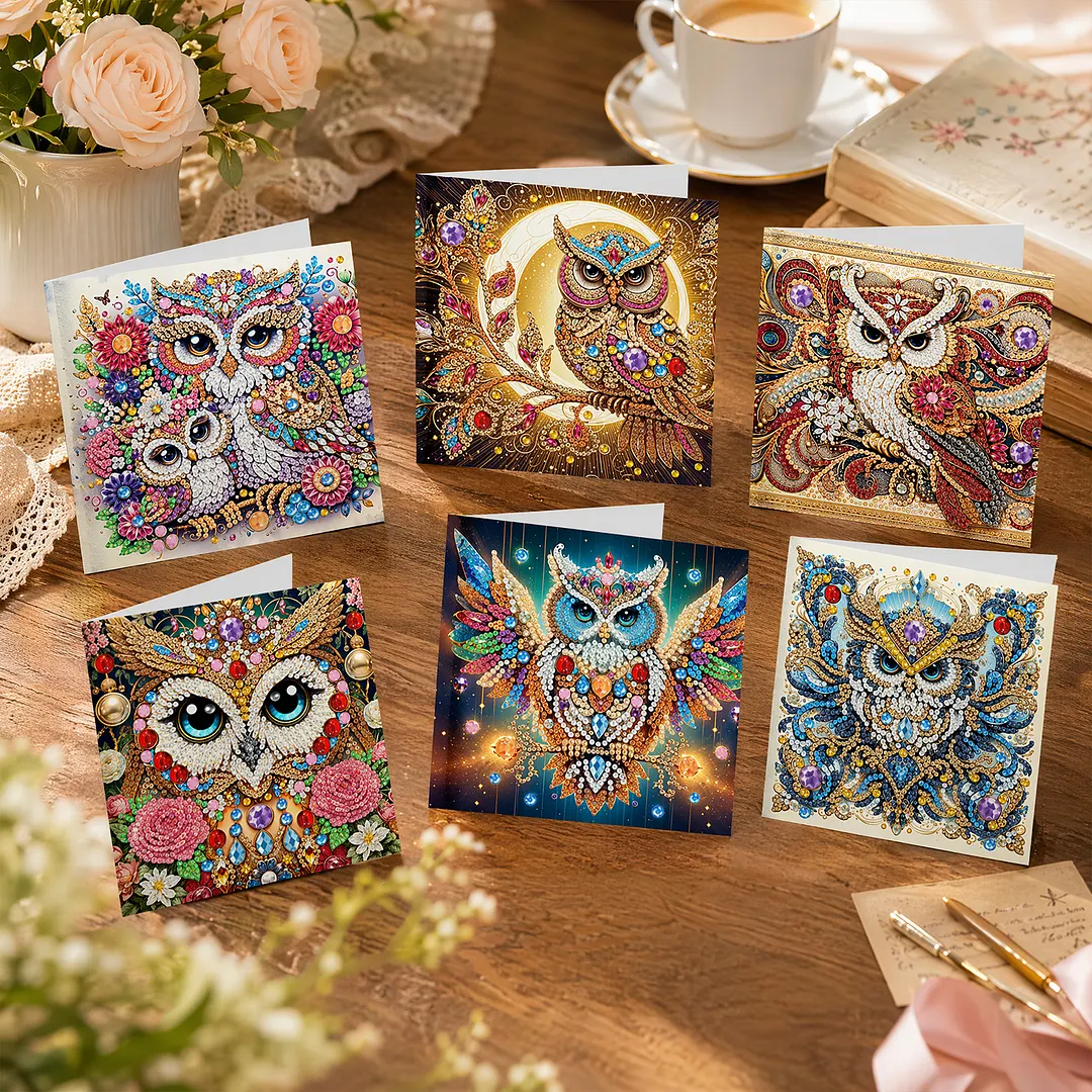 6pcs Owl DIY Diamond Painting Greeting Card Kits with Envelopes Diamond Art Greeting Cards Diamond Art Cards Kits for Adults DIY Crafts Family Friend Gifts