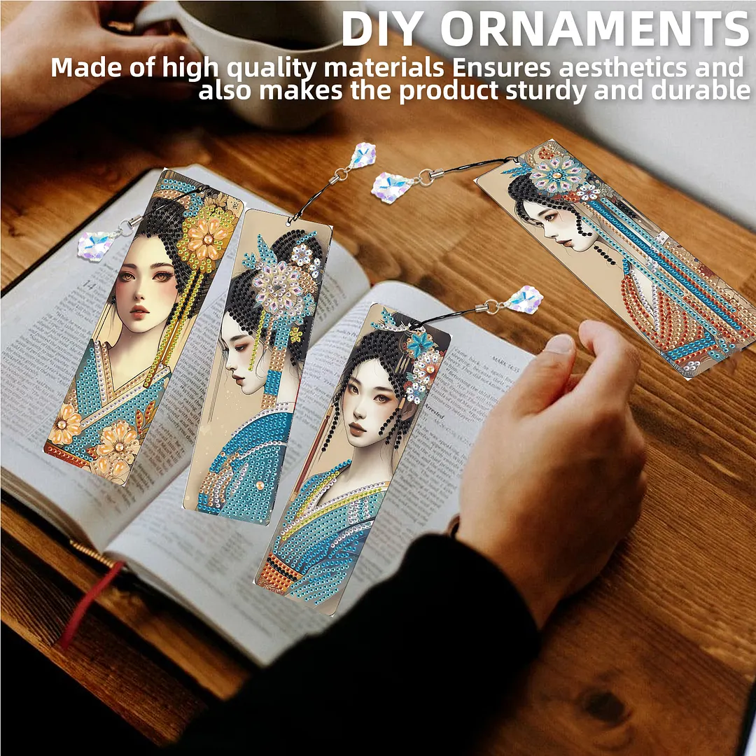 4Pcs Oriental Beauty DIY Diamond Bookmark Art Projects Irregular Shaped Diamonds Diamond Painting Art Bookmarks with Crystal Pendants for DIY Making Beginners Adult Art Craft Supplies