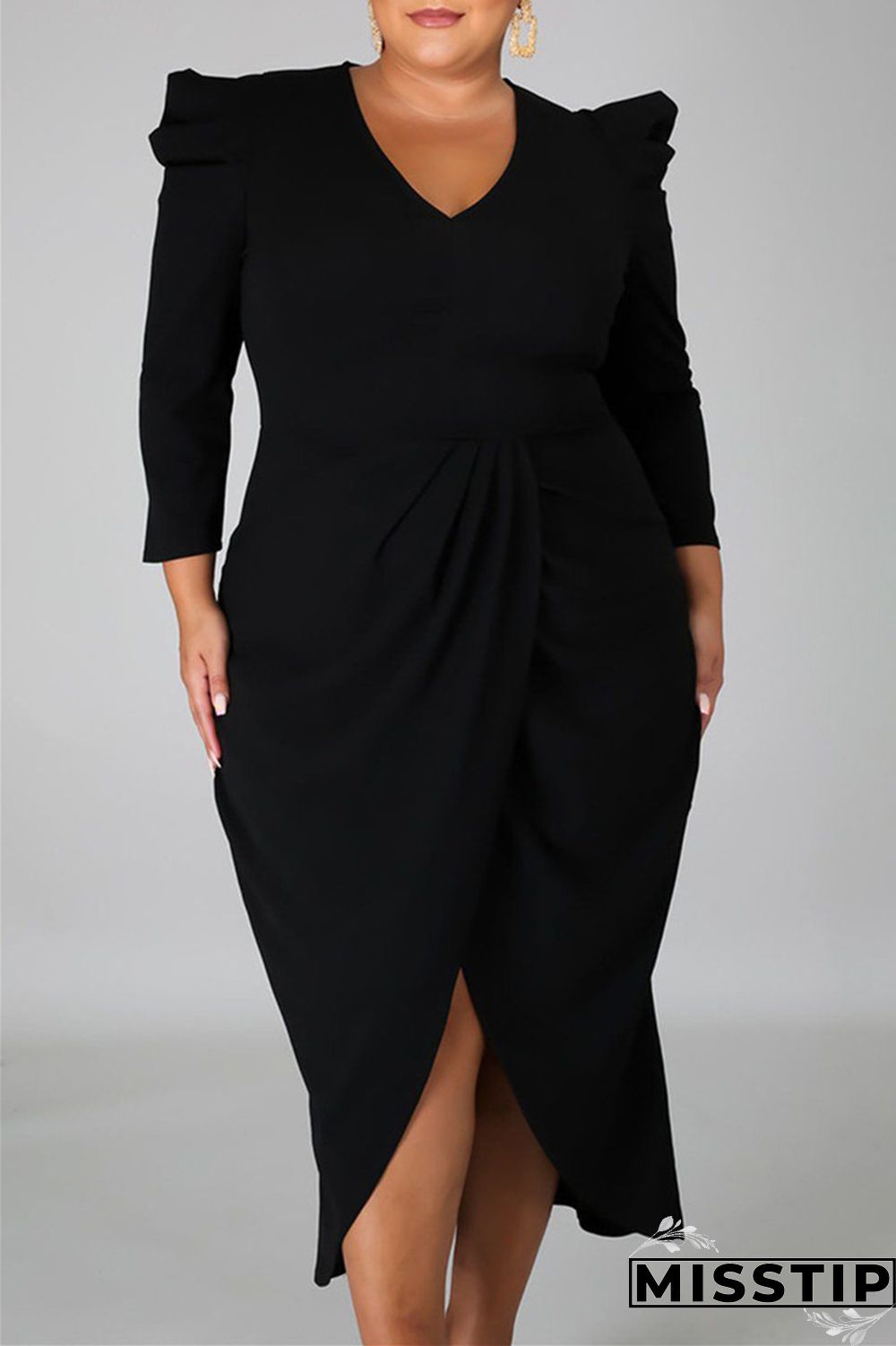 Black Fashion Casual Solid Patchwork V Neck Long Sleeve Plus Size Dresses