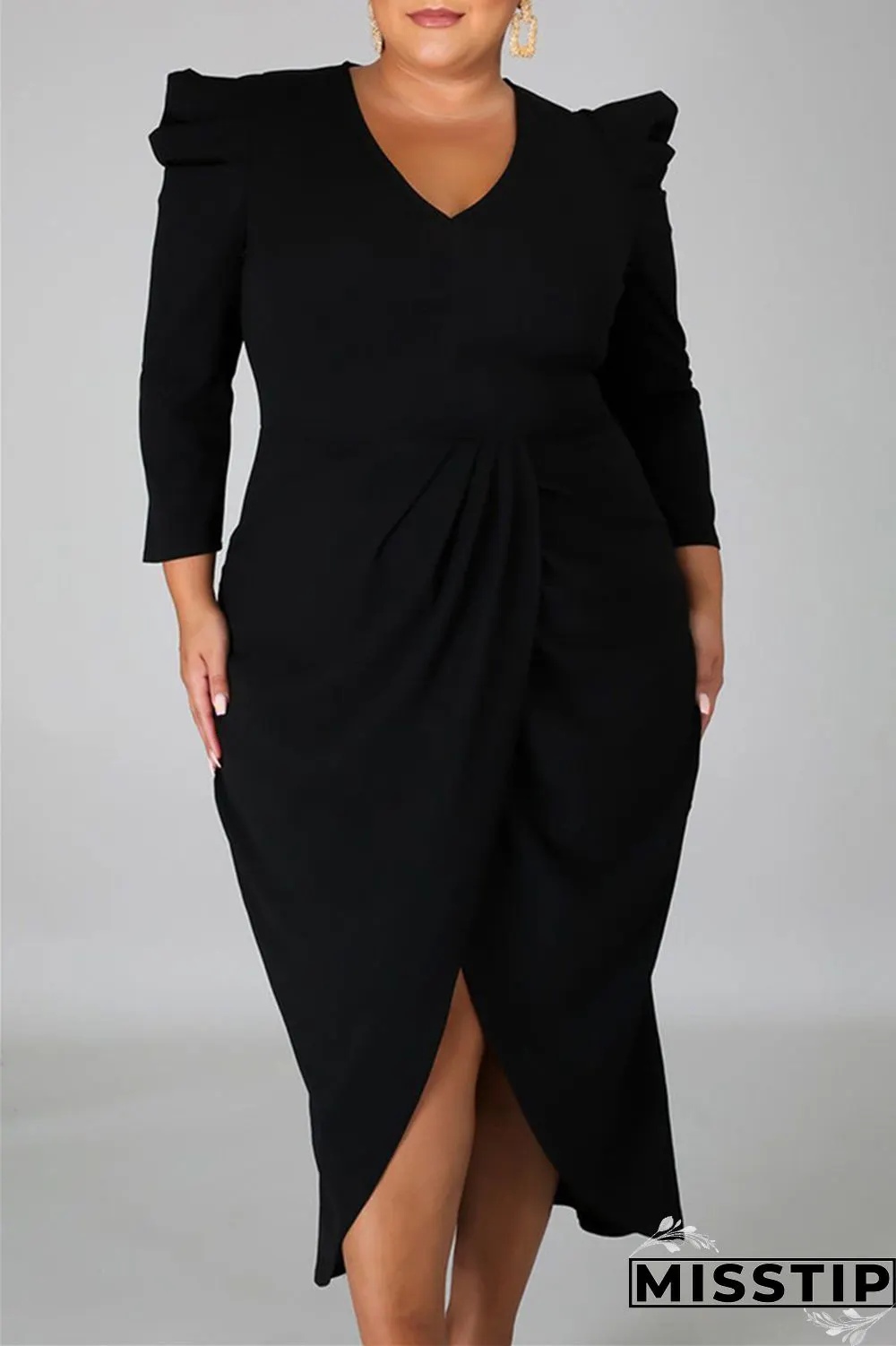 Black Fashion Casual Solid Patchwork V Neck Long Sleeve Plus Size Dresses