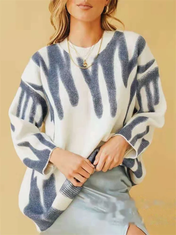 Loose Round Neck Print Pullover Sweater-Cosfine