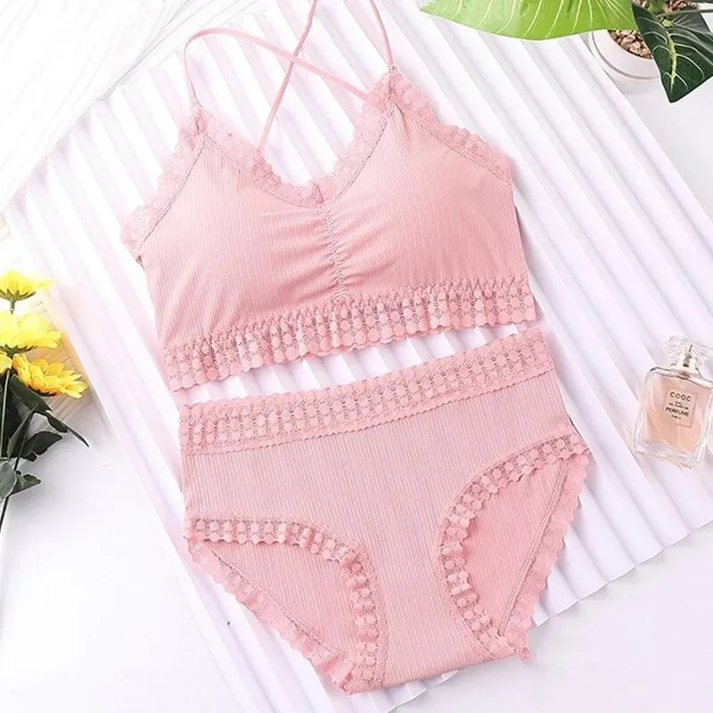 Billionm New Lace Breast Wrap Set Sross Straps Push Up Wireless Bra Comfortable breathable Underwear Panties For Women