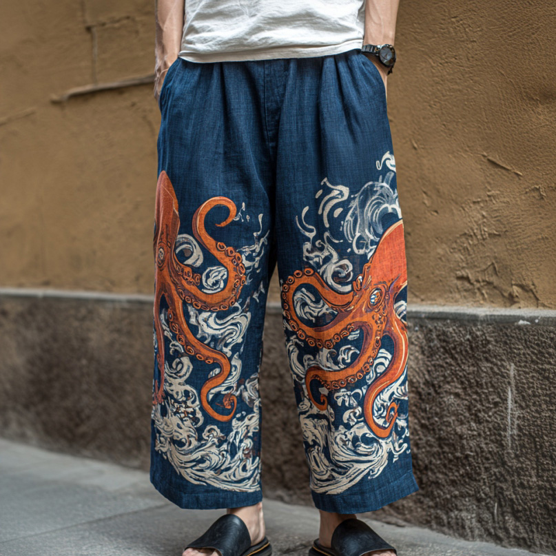 Men's Retro Japanese Art Ocean Octopus Print Casual Pants  artssus