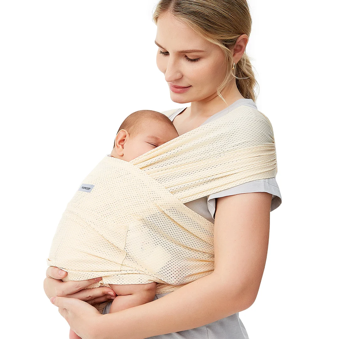 Momcozy Baby Wrap Carrier Air-Mesh, Cooling Fabric for Summer, Infant Carrier Slings, up 50 lbs Beige