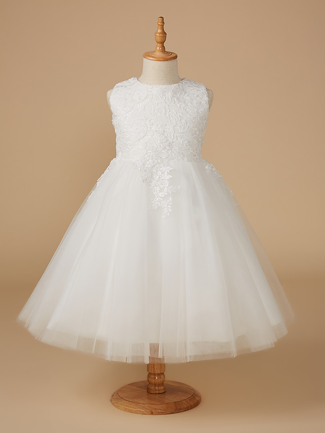 Dresseswow Sleeveless Jewel Neck Ball Gown Knee Length Flower Girl Dress Lace Tulle With Appliques