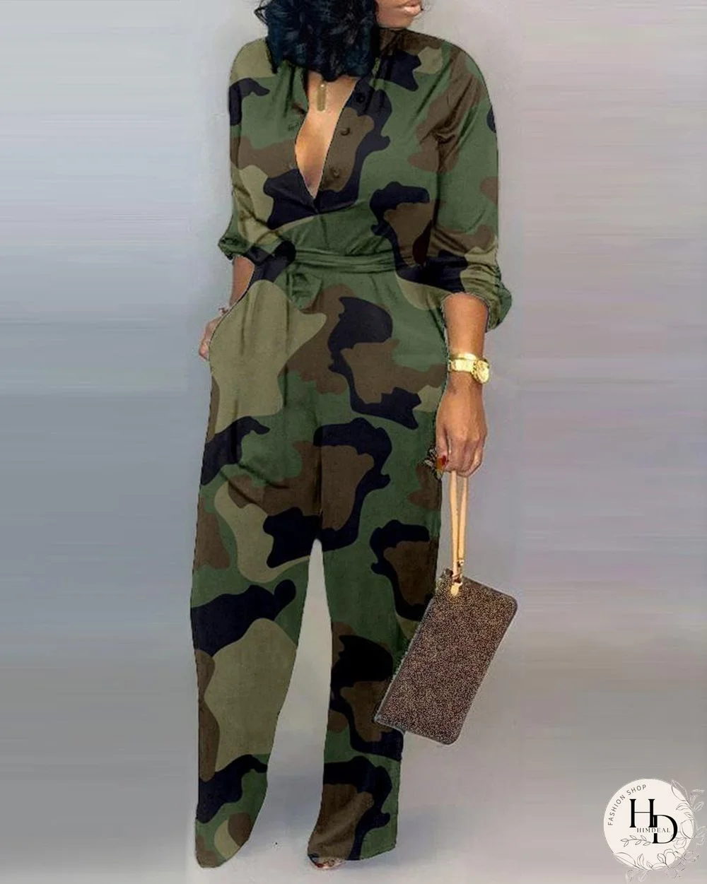 V Neck Camouflage Print Buttoned Jumpsuit P16118