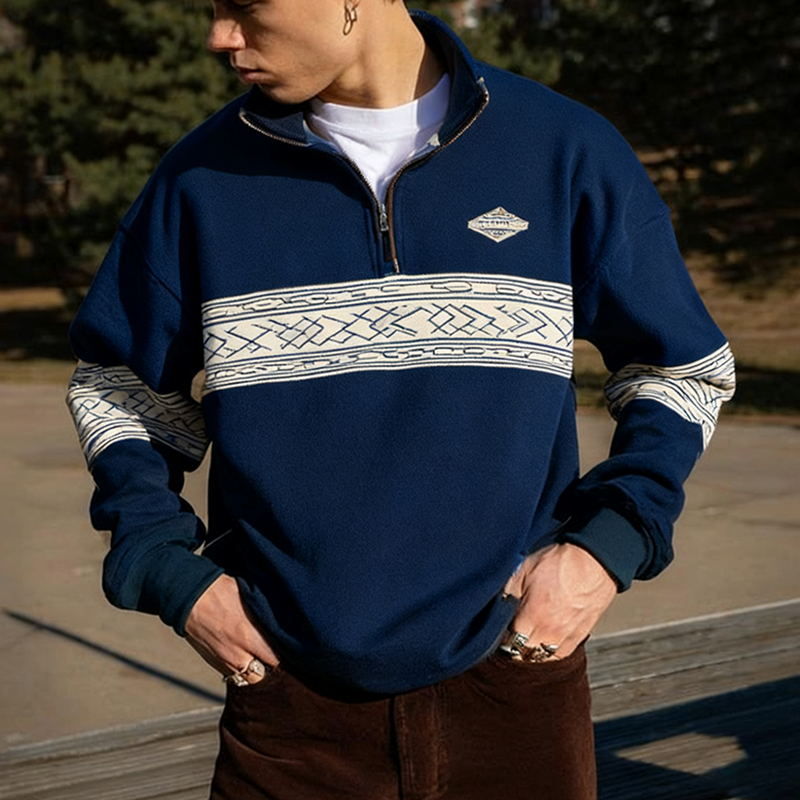 Men's Loose Casual Retro College Style Half-open Collar Stitching Printed Sweatshirt