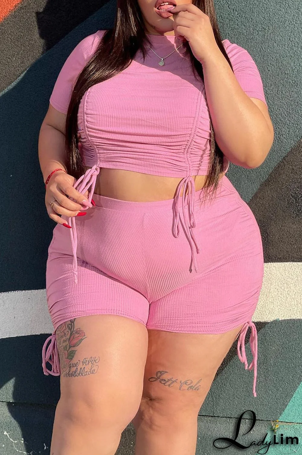 Orange Fashion Casual Solid Draw String Frenulum O Neck Plus Size Two Pieces