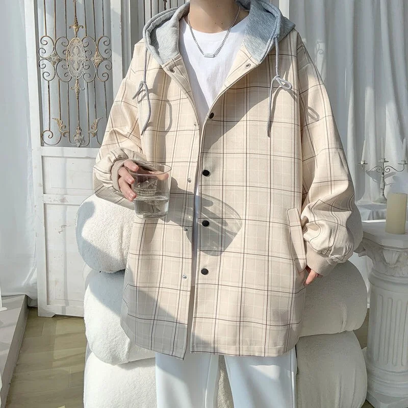 Brownm Oversized Plaid Men Hooded Coat Windbreaker Korean Style Fashion Spring New Casual Male Jackets Harajuku Outerwear