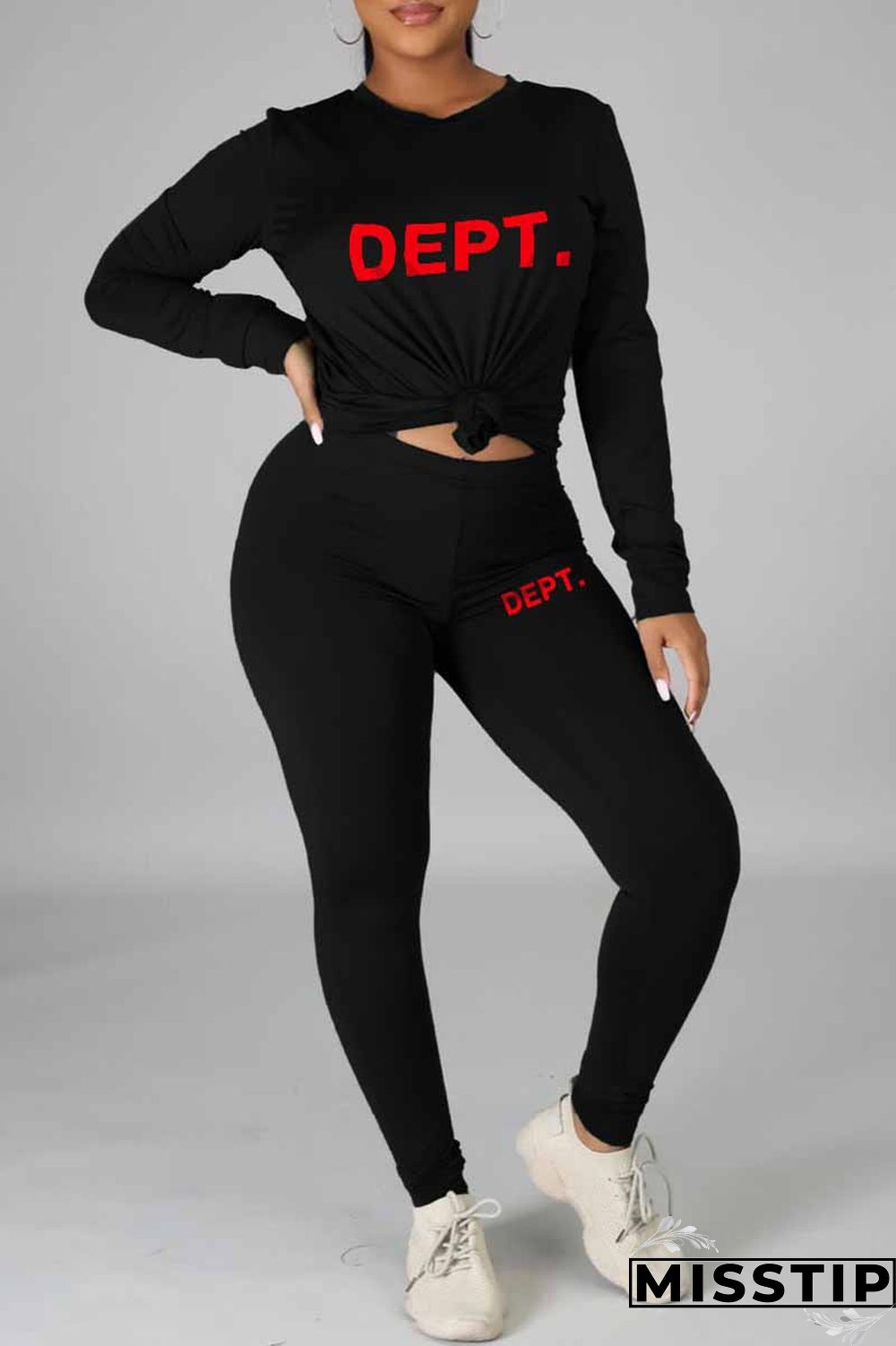 Black Casual Print Letter O Neck Long Sleeve Two Pieces
