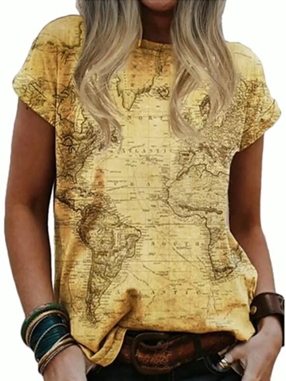 Women Short Sleeve Scoop Neck Graphic Map Printed Top