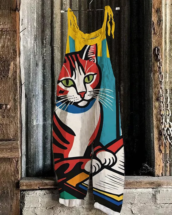 Vintage Cat and Book Print Jumpsuit