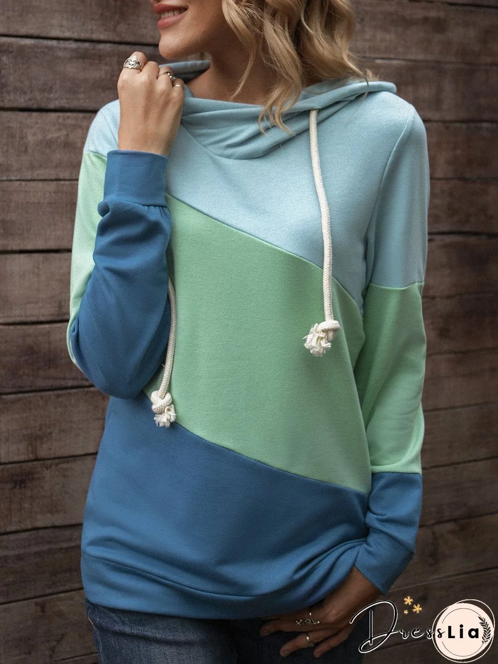 Blue Hoodie Paneled Long Sleeve Solid Sweatshirts